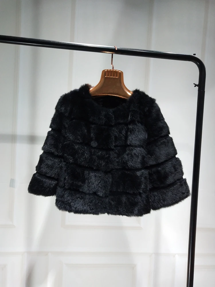 2023 Women New Arrival Genuine Whole Soft Rabbit Fur O Neck Striped Cut Basic For Autumn Winter Real Fur Jacket tsr857