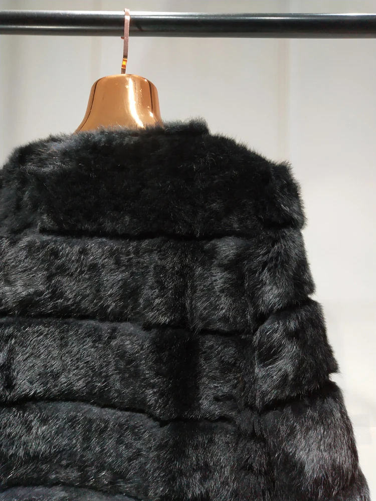 2023 Women New Arrival Genuine Whole Soft Rabbit Fur O Neck Striped Cut Basic For Autumn Winter Real Fur Jacket tsr857