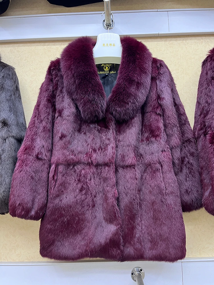 2024 100% Genuine Whole Skin Real Rabbit Fur Coat With Natural Fox Fur Collar Jacket Full Pelt Luxury Rabbit Fur Overcoat