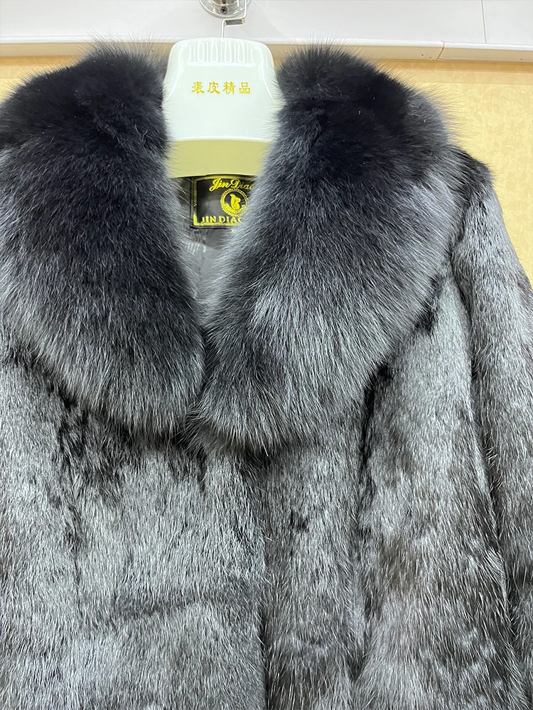 2024 100% Genuine Whole Skin Real Rabbit Fur Coat With Natural Fox Fur Collar Jacket Full Pelt Luxury Rabbit Fur Overcoat