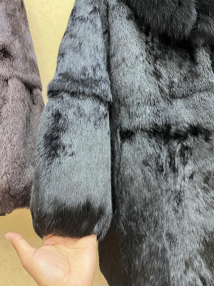 2024 100% Genuine Whole Skin Real Rabbit Fur Coat With Natural Fox Fur Collar Jacket Full Pelt Luxury Rabbit Fur Overcoat