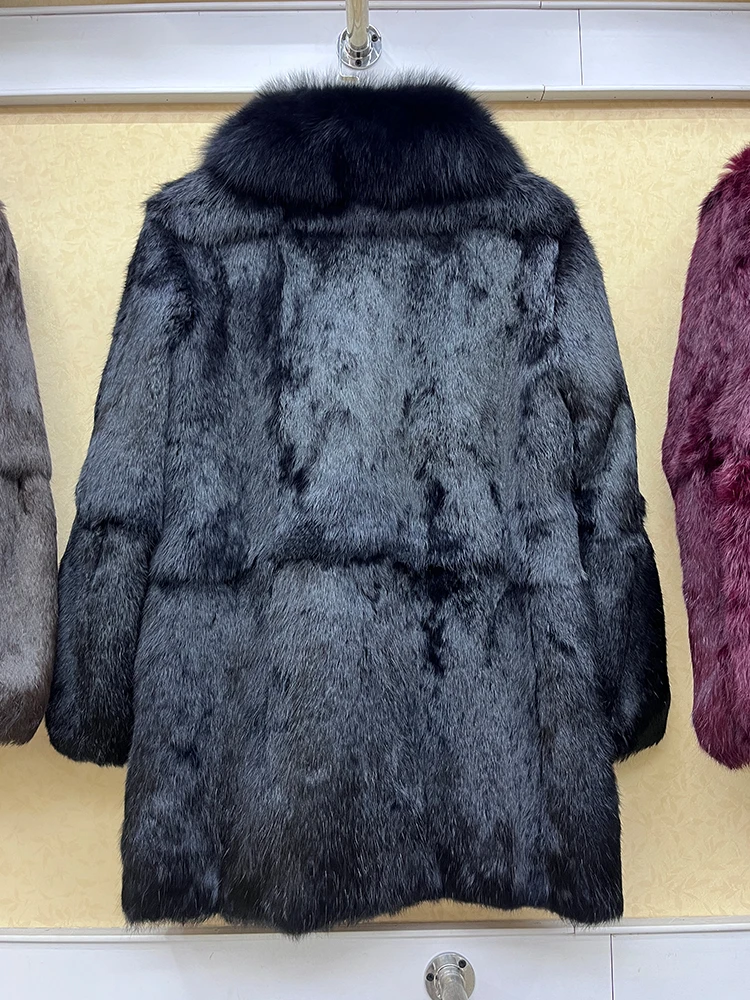 2024 100% Genuine Whole Skin Real Rabbit Fur Coat With Natural Fox Fur Collar Jacket Full Pelt Luxury Rabbit Fur Overcoat