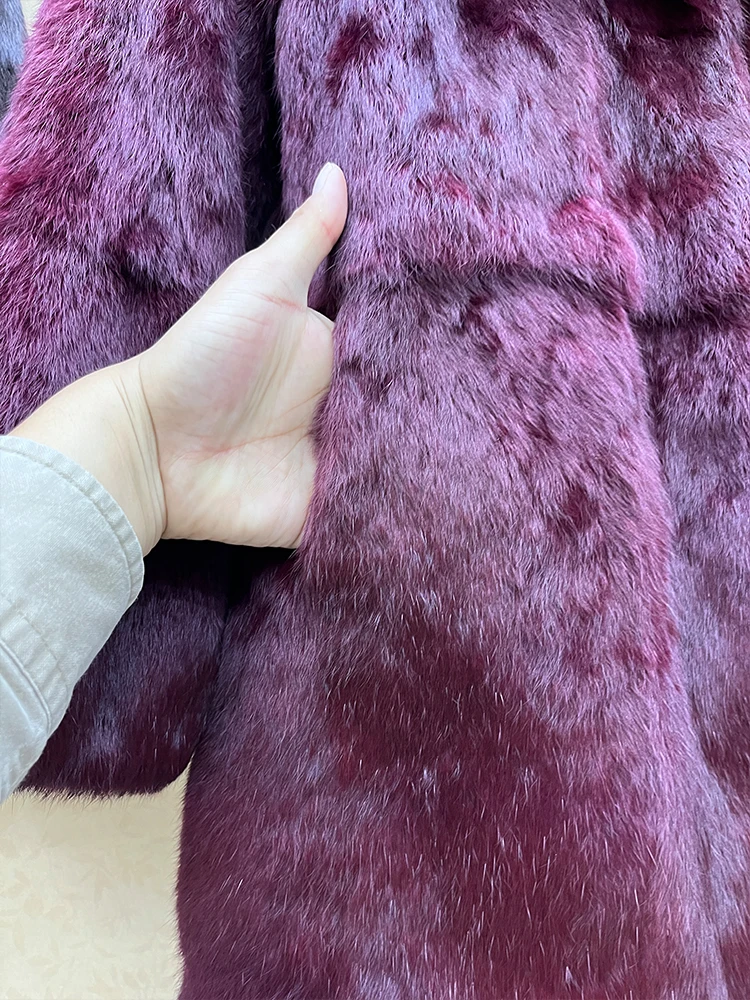 2024 100% Genuine Whole Skin Real Rabbit Fur Coat With Natural Fox Fur Collar Jacket Full Pelt Luxury Rabbit Fur Overcoat
