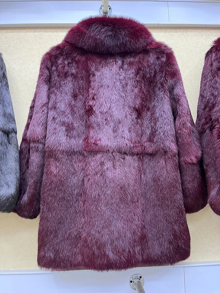 2024 100% Genuine Whole Skin Real Rabbit Fur Coat With Natural Fox Fur Collar Jacket Full Pelt Luxury Rabbit Fur Overcoat