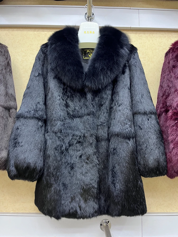 2024 100% Genuine Whole Skin Real Rabbit Fur Coat With Natural Fox Fur Collar Jacket Full Pelt Luxury Rabbit Fur Overcoat