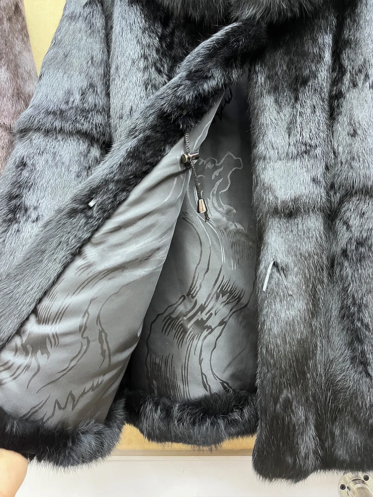 2024 100% Genuine Whole Skin Real Rabbit Fur Coat With Natural Fox Fur Collar Jacket Full Pelt Luxury Rabbit Fur Overcoat