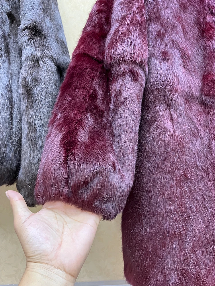 2024 100% Genuine Whole Skin Real Rabbit Fur Coat With Natural Fox Fur Collar Jacket Full Pelt Luxury Rabbit Fur Overcoat