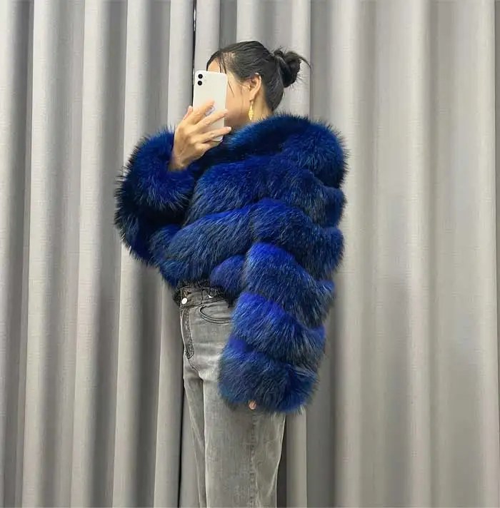 Ladies Winter Luxurious Crop Fur Coat Women Real Raccoon Fur Jacket Long Sleeve V-shaped Hand-cut Thickened Warm Fashion
