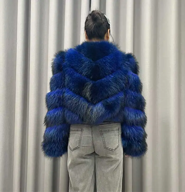 Ladies Winter Luxurious Crop Fur Coat Women Real Raccoon Fur Jacket Long Sleeve V-shaped Hand-cut Thickened Warm Fashion