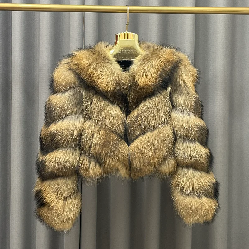Ladies Winter Luxurious Crop Fur Coat Women Real Raccoon Fur Jacket Long Sleeve V-shaped Hand-cut Thickened Warm Fashion