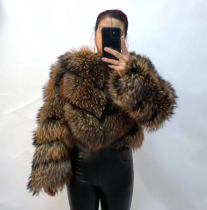 Ladies Winter Luxurious Crop Fur Coat Women Real Raccoon Fur Jacket Long Sleeve V-shaped Hand-cut Thickened Warm Fashion