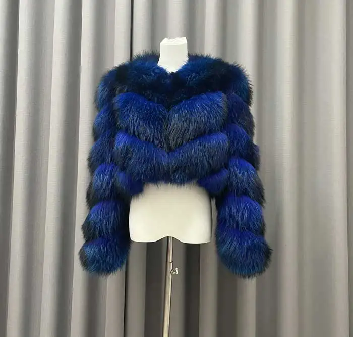 Ladies Winter Luxurious Crop Fur Coat Women Real Raccoon Fur Jacket Long Sleeve V-shaped Hand-cut Thickened Warm Fashion