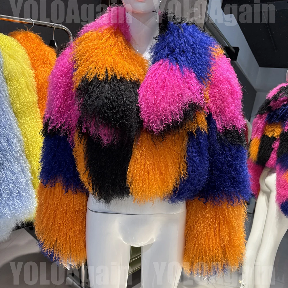 YOLOAgain 2025 Autumn Fashion Warm Short Real Mongolia Sheep Fur Jacket Women Plus Size 8XL Curly Lamb Fur Jacket Female