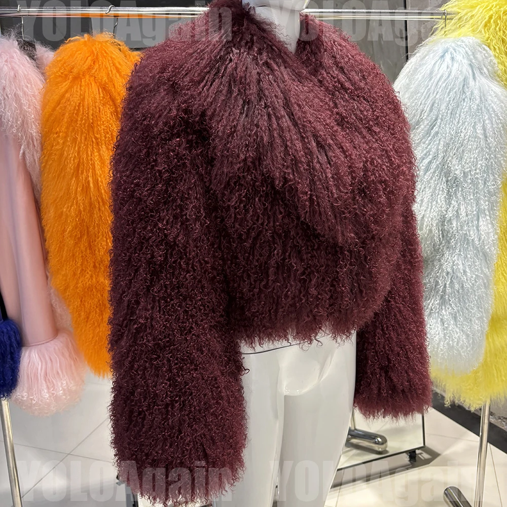 YOLOAgain 2025 Autumn Fashion Warm Short Real Mongolia Sheep Fur Jacket Women Plus Size 8XL Curly Lamb Fur Jacket Female