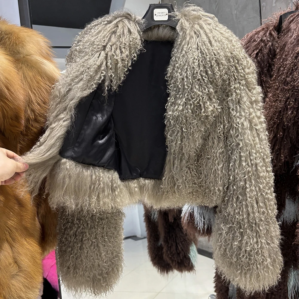 YOLOAgain 2025 Autumn Fashion Warm Short Real Mongolia Sheep Fur Jacket Women Plus Size 8XL Curly Lamb Fur Jacket Female