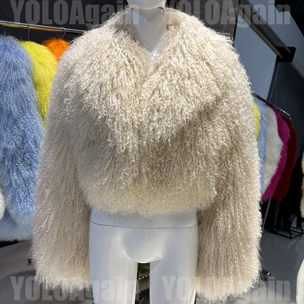 YOLOAgain 2025 Autumn Fashion Warm Short Real Mongolia Sheep Fur Jacket Women Plus Size 8XL Curly Lamb Fur Jacket Female