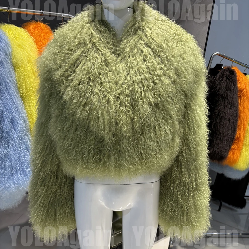 YOLOAgain 2025 Autumn Fashion Warm Short Real Mongolia Sheep Fur Jacket Women Plus Size 8XL Curly Lamb Fur Jacket Female