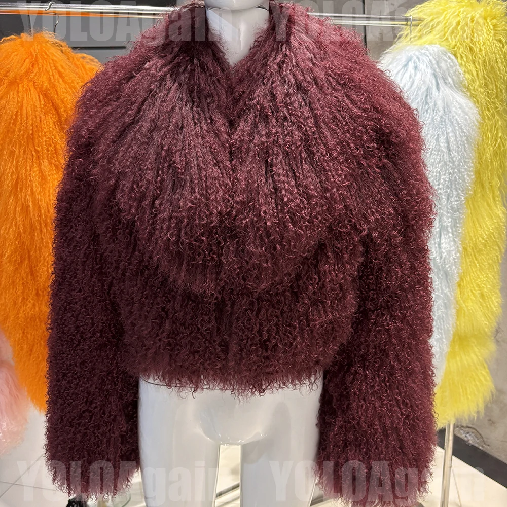 YOLOAgain 2025 Autumn Fashion Warm Short Real Mongolia Sheep Fur Jacket Women Plus Size 8XL Curly Lamb Fur Jacket Female