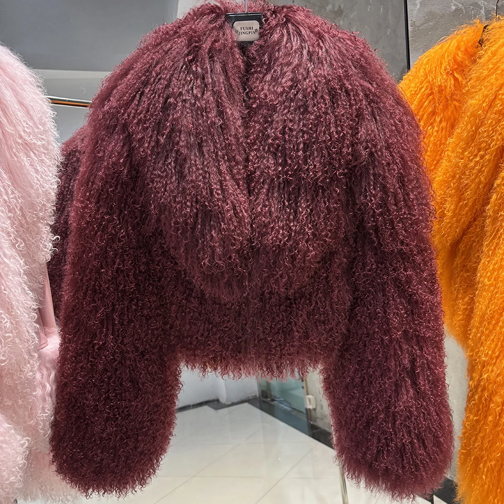YOLOAgain 2025 Autumn Fashion Warm Short Real Mongolia Sheep Fur Jacket Women Plus Size 8XL Curly Lamb Fur Jacket Female