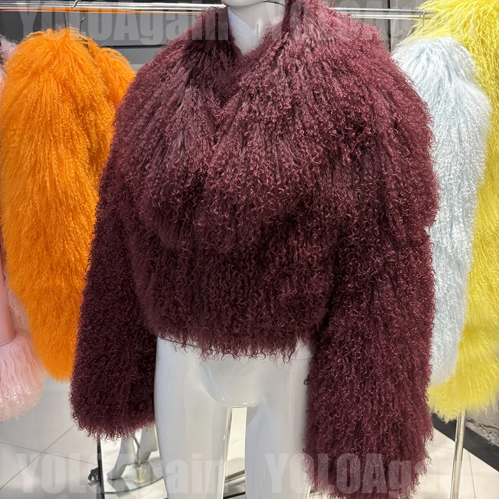 YOLOAgain 2025 Autumn Fashion Warm Short Real Mongolia Sheep Fur Jacket Women Plus Size 8XL Curly Lamb Fur Jacket Female