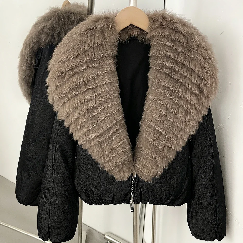 OFTBUY Crop Slouchy Puffer Coat Cozy Outerwear Winter Cascading Fox Fur Collar Coat Women Satin Zipper Duck Down Jacket Female