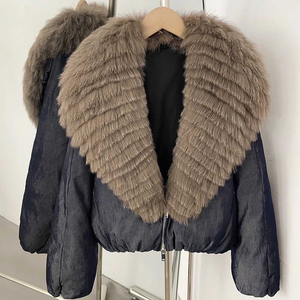 OFTBUY Crop Slouchy Puffer Coat Cozy Outerwear Winter Cascading Fox Fur Collar Coat Women Satin Zipper Duck Down Jacket Female