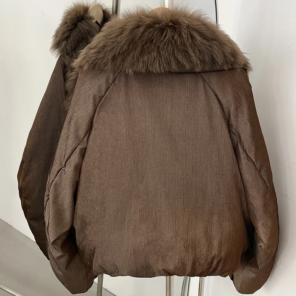 OFTBUY Crop Slouchy Puffer Coat Cozy Outerwear Winter Cascading Fox Fur Collar Coat Women Satin Zipper Duck Down Jacket Female