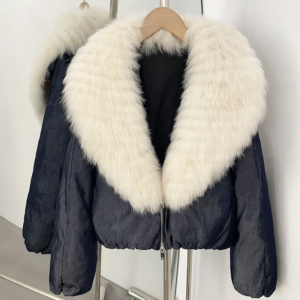 OFTBUY Crop Slouchy Puffer Coat Cozy Outerwear Winter Cascading Fox Fur Collar Coat Women Satin Zipper Duck Down Jacket Female