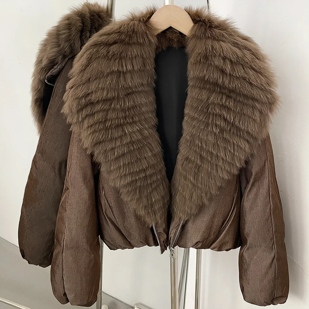 OFTBUY Crop Slouchy Puffer Coat Cozy Outerwear Winter Cascading Fox Fur Collar Coat Women Satin Zipper Duck Down Jacket Female