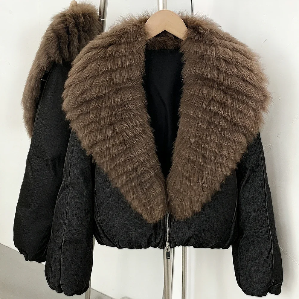 OFTBUY Crop Slouchy Puffer Coat Cozy Outerwear Winter Cascading Fox Fur Collar Coat Women Satin Zipper Duck Down Jacket Female