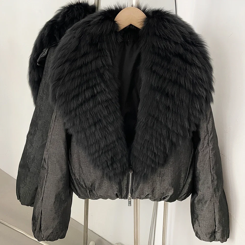 OFTBUY Crop Slouchy Puffer Coat Cozy Outerwear Winter Cascading Fox Fur Collar Coat Women Satin Zipper Duck Down Jacket Female