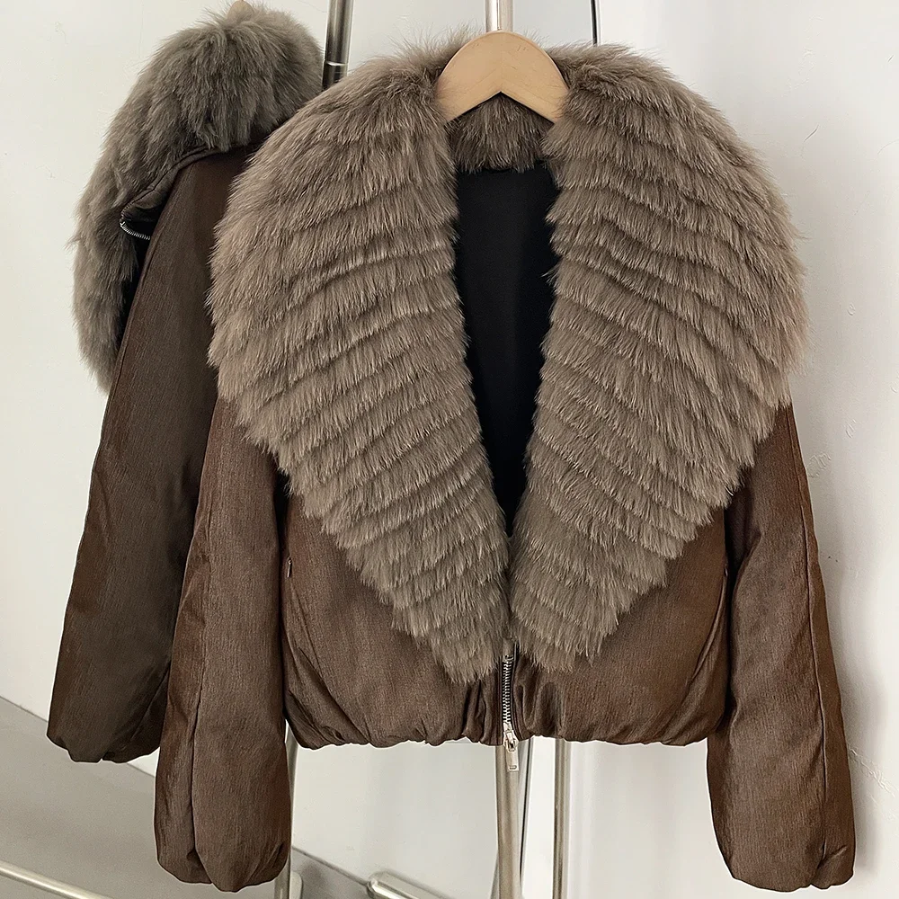 OFTBUY Crop Slouchy Puffer Coat Cozy Outerwear Winter Cascading Fox Fur Collar Coat Women Satin Zipper Duck Down Jacket Female