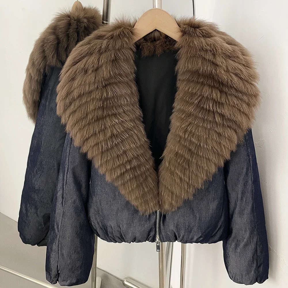 OFTBUY Crop Slouchy Puffer Coat Cozy Outerwear Winter Cascading Fox Fur Collar Coat Women Satin Zipper Duck Down Jacket Female