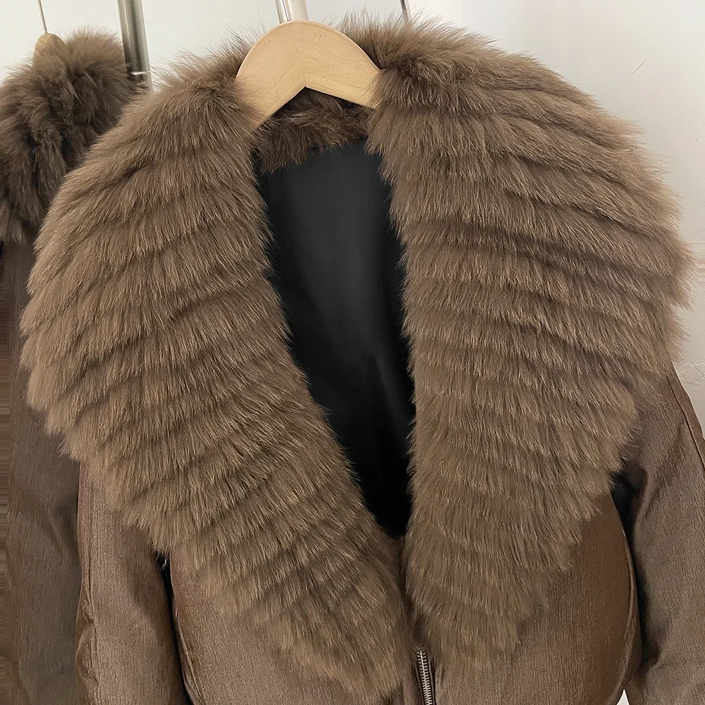OFTBUY Crop Slouchy Puffer Coat Cozy Outerwear Winter Cascading Fox Fur Collar Coat Women Satin Zipper Duck Down Jacket Female