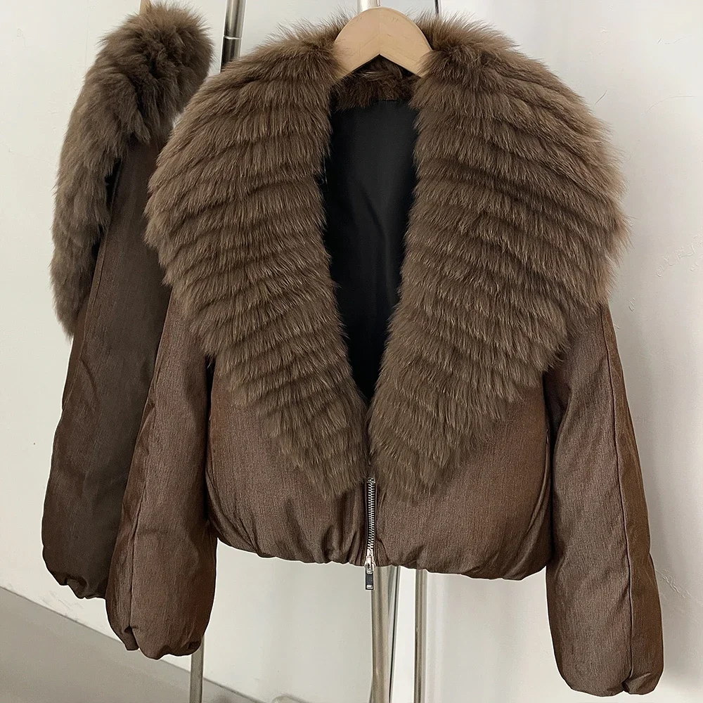OFTBUY Crop Slouchy Puffer Coat Cozy Outerwear Winter Cascading Fox Fur Collar Coat Women Satin Zipper Duck Down Jacket Female
