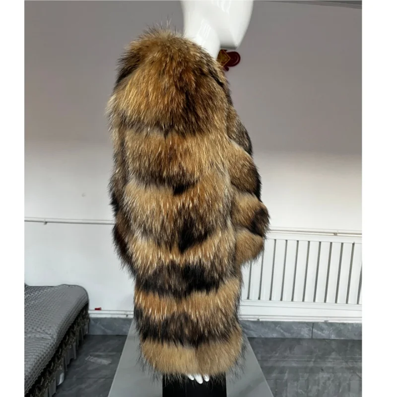 BEIZIRU Women's Real Raccoon Fur Coat Winter Jacket with Turndown Collar Natural Luxury Thick Top