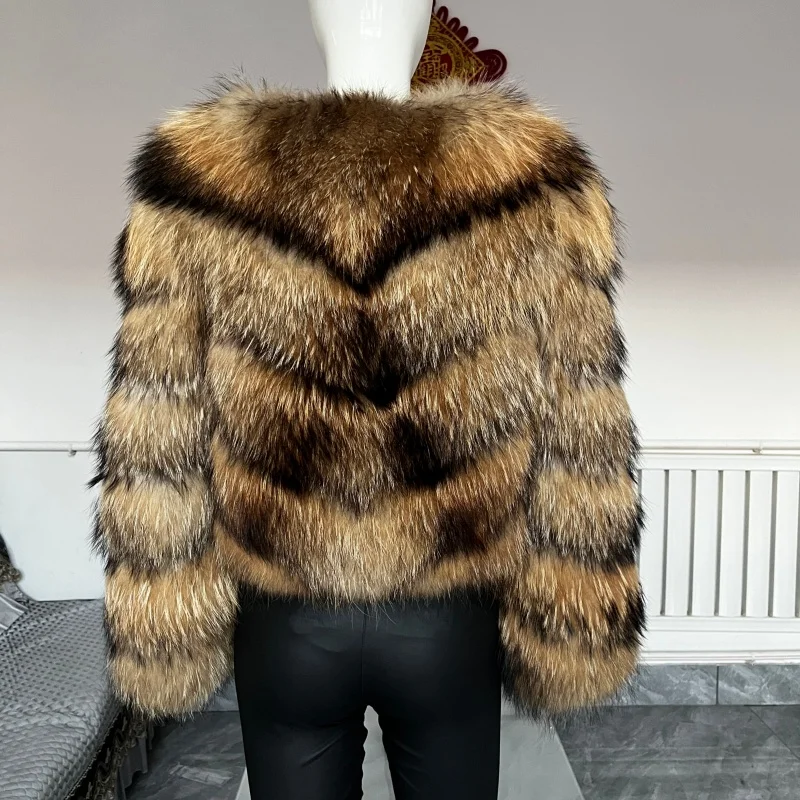 BEIZIRU Women's Real Raccoon Fur Coat Winter Jacket with Turndown Collar Natural Luxury Thick Top