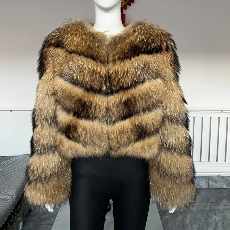 BEIZIRU Women's Real Raccoon Fur Coat Winter Jacket with Turndown Collar Natural Luxury Thick Top