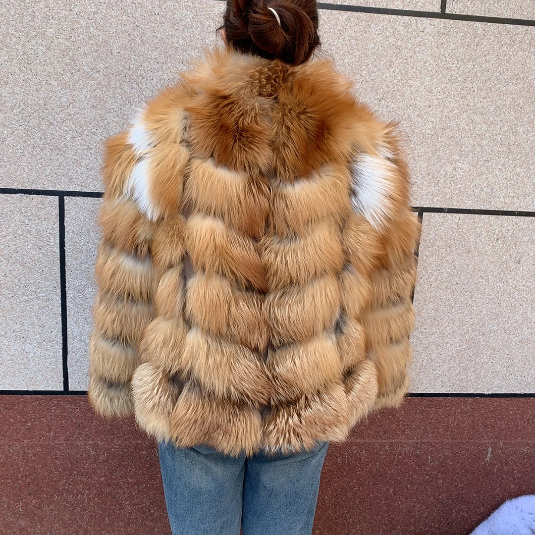 HUA QIU MEI SI Natural Red Fox Fur Jacket for Women's Winter Warmth 100% True Fur Leather Jacket Red Fox Jacket