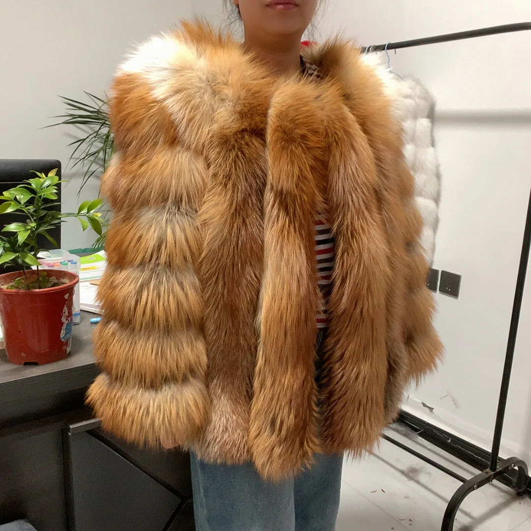 HUA QIU MEI SI Natural Red Fox Fur Jacket for Women's Winter Warmth 100% True Fur Leather Jacket Red Fox Jacket