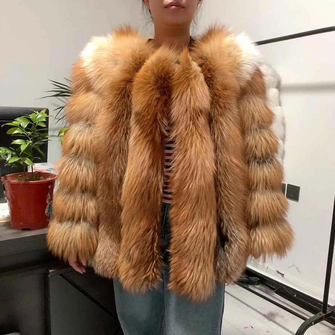 HUA QIU MEI SI Natural Red Fox Fur Jacket for Women's Winter Warmth 100% True Fur Leather Jacket Red Fox Jacket