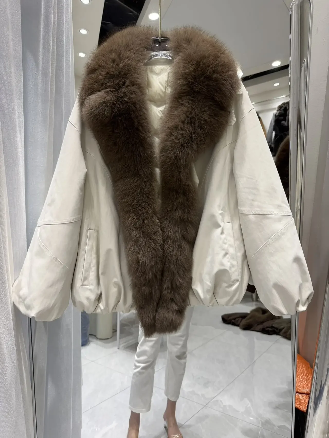 OFTBUY Winter Elastic Hem Thick Women's Coat Women Oversized Cocoon Coat Large Real Fox Fur Collar White Duck Down Jacket