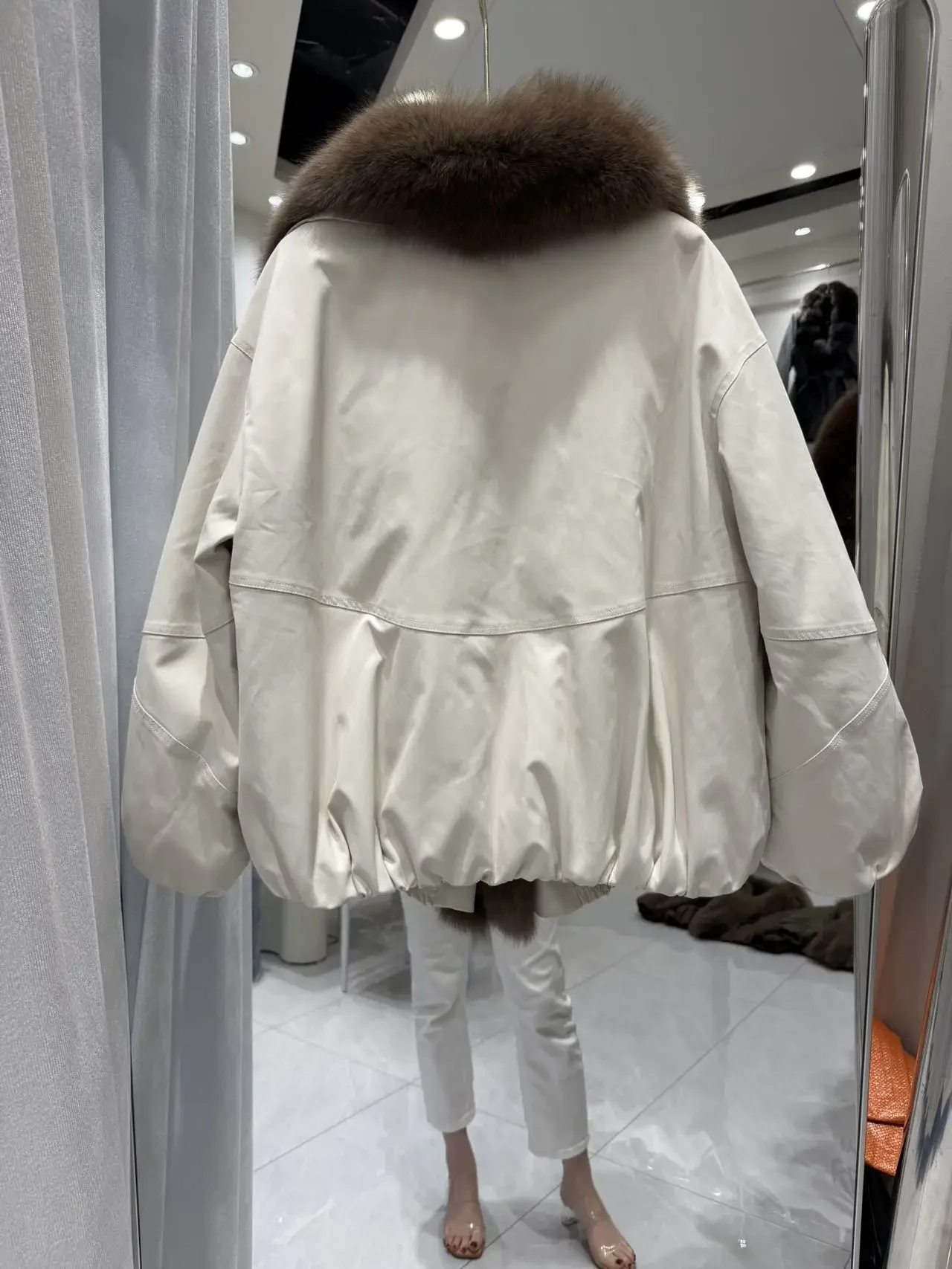 OFTBUY Winter Elastic Hem Thick Women's Coat Women Oversized Cocoon Coat Large Real Fox Fur Collar White Duck Down Jacket