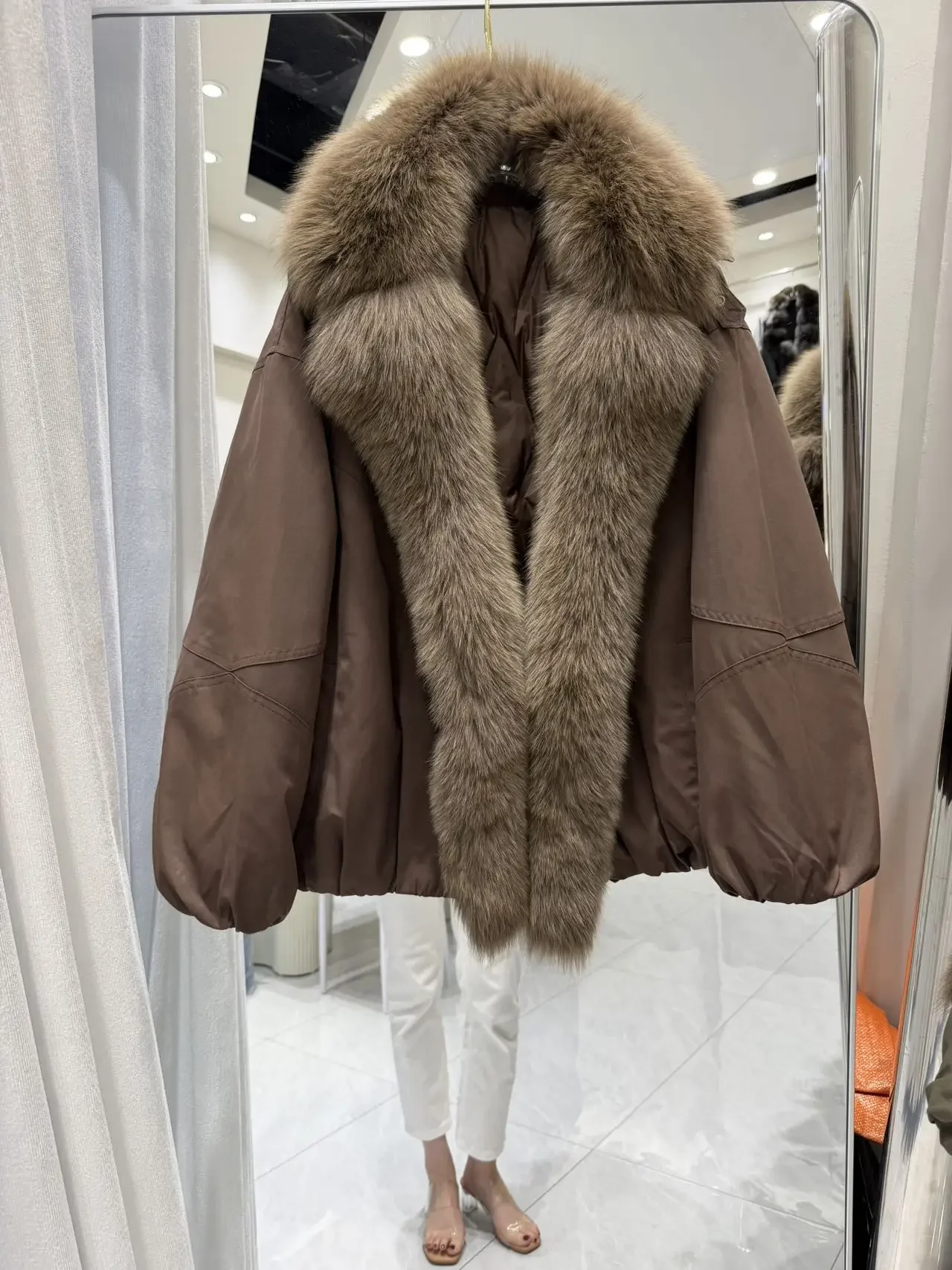 OFTBUY Winter Elastic Hem Thick Women's Coat Women Oversized Cocoon Coat Large Real Fox Fur Collar White Duck Down Jacket