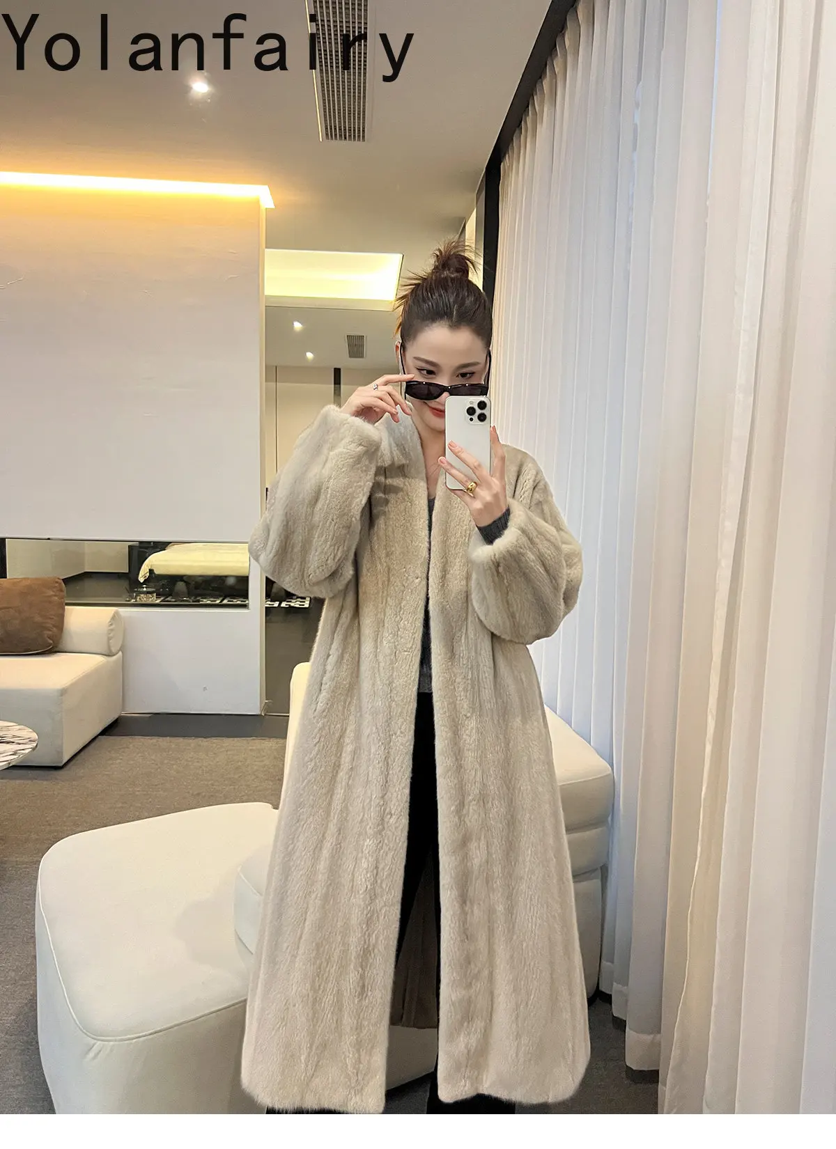 YOLANFAIRY Fully Let‑out Craft Velvet Grade Whole Mink Real Fur Coats Woman Elegant Winter Natural Fur Jacket Long 120cmOvercoat