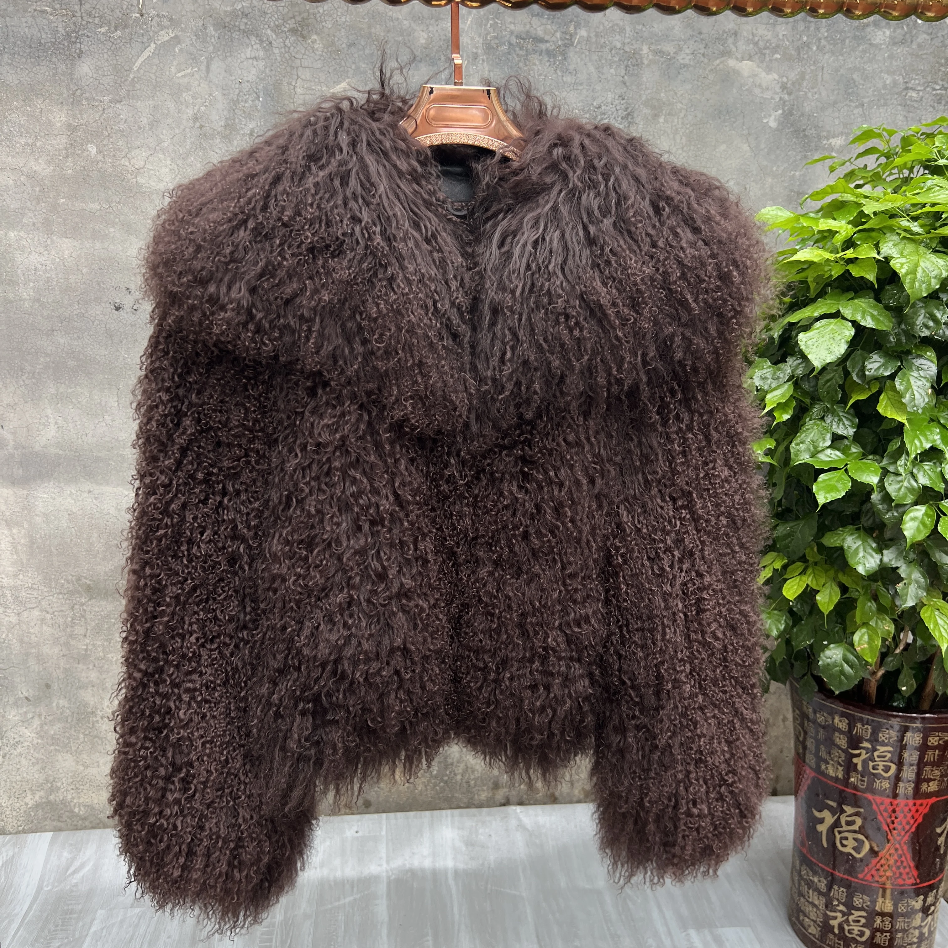 New Style Genuine 100% Mongolian Sheepskin Real Fur Large Collar Brow Jacket Women Winter Coat High-Quality Sheepskin OverCoat