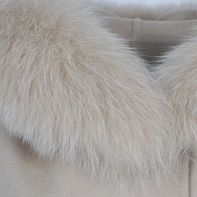 OFTBUY Real Fur Coat Winter Jacket Women Natural Fox Fur Collar Hooded Cashmere Wool Blends Long Outerwear Lady Streetwear