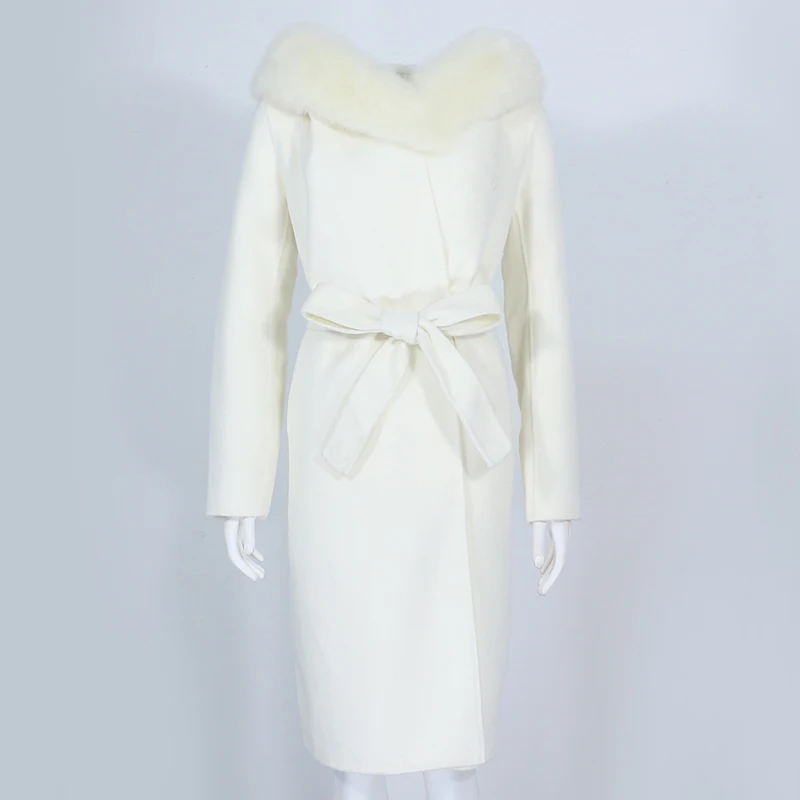 OFTBUY Real Fur Coat Winter Jacket Women Natural Fox Fur Collar Hooded Cashmere Wool Blends Long Outerwear Lady Streetwear