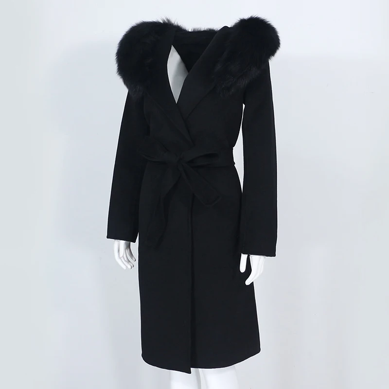 OFTBUY Real Fur Coat Winter Jacket Women Natural Fox Fur Collar Hooded Cashmere Wool Blends Long Outerwear Lady Streetwear