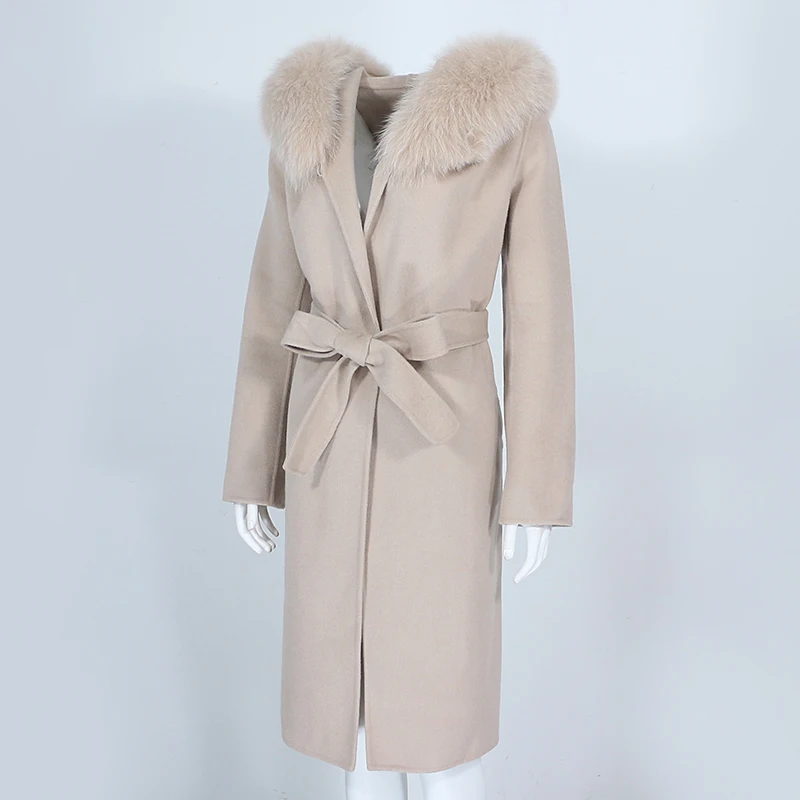 OFTBUY Real Fur Coat Winter Jacket Women Natural Fox Fur Collar Hooded Cashmere Wool Blends Long Outerwear Lady Streetwear